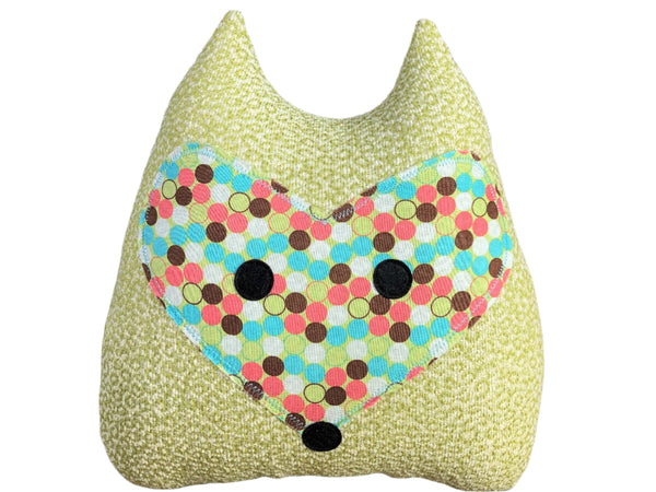 Spring green fox pillow with aqua brown and melon polka dots