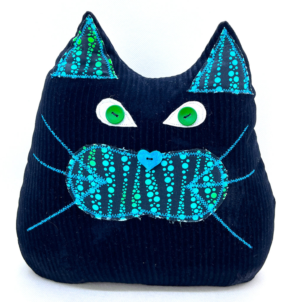 Cat Doorstop - Black with aqua and green batik