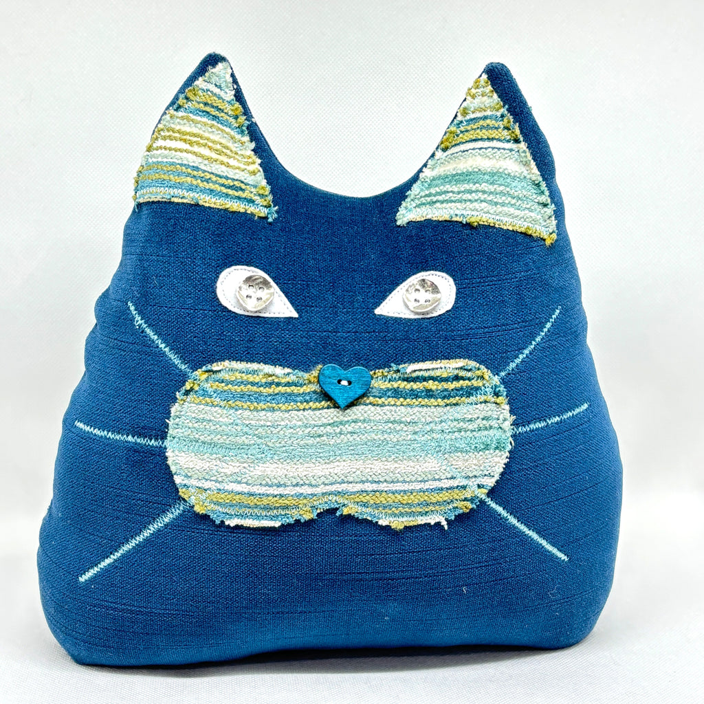 Teal blue velvet cat doorstop 
