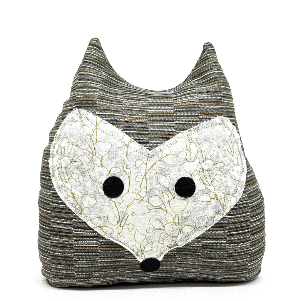 Gray and beige patterned fox doorstop with gold and gray detail