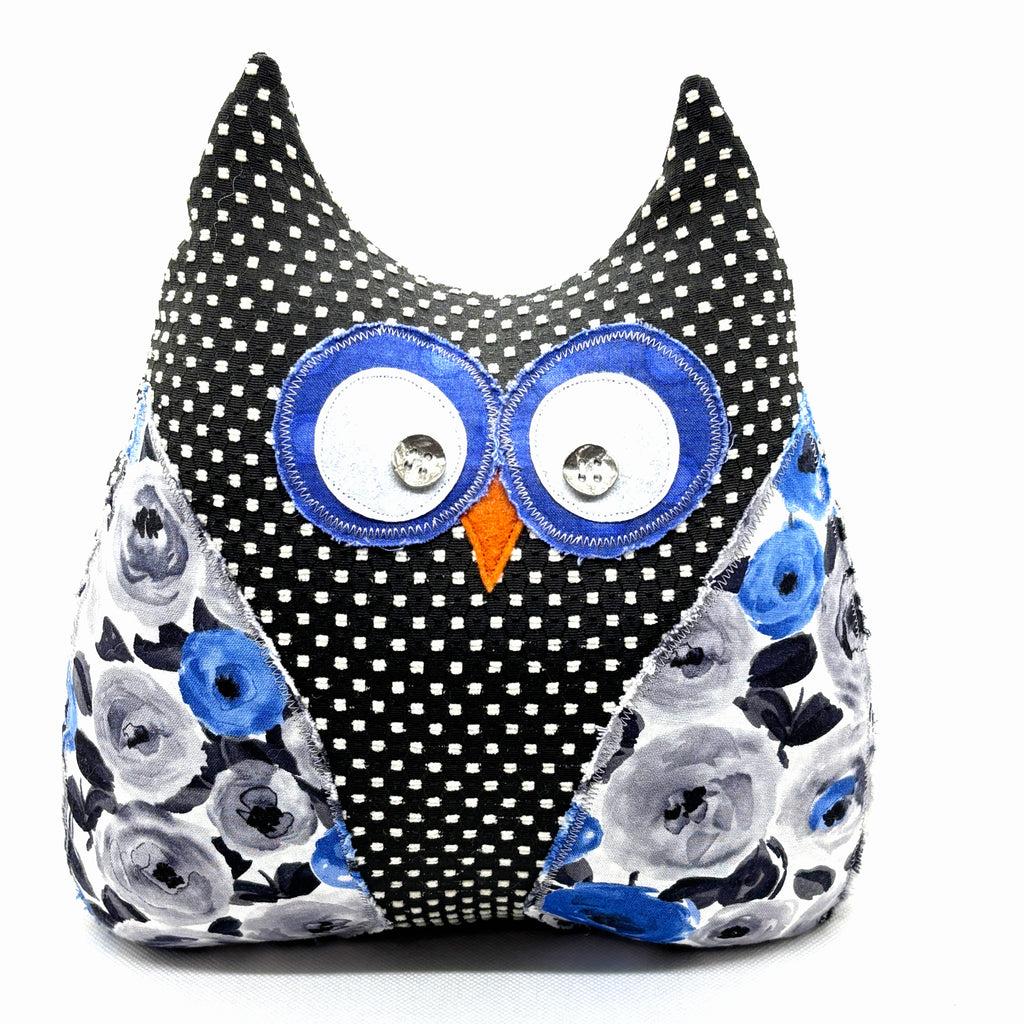 Black and white owl doorstop with gray and royal blue accents