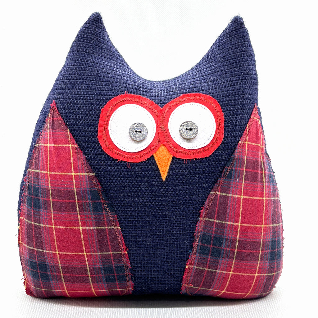 Navy blue owl doorstop with red plaid detail