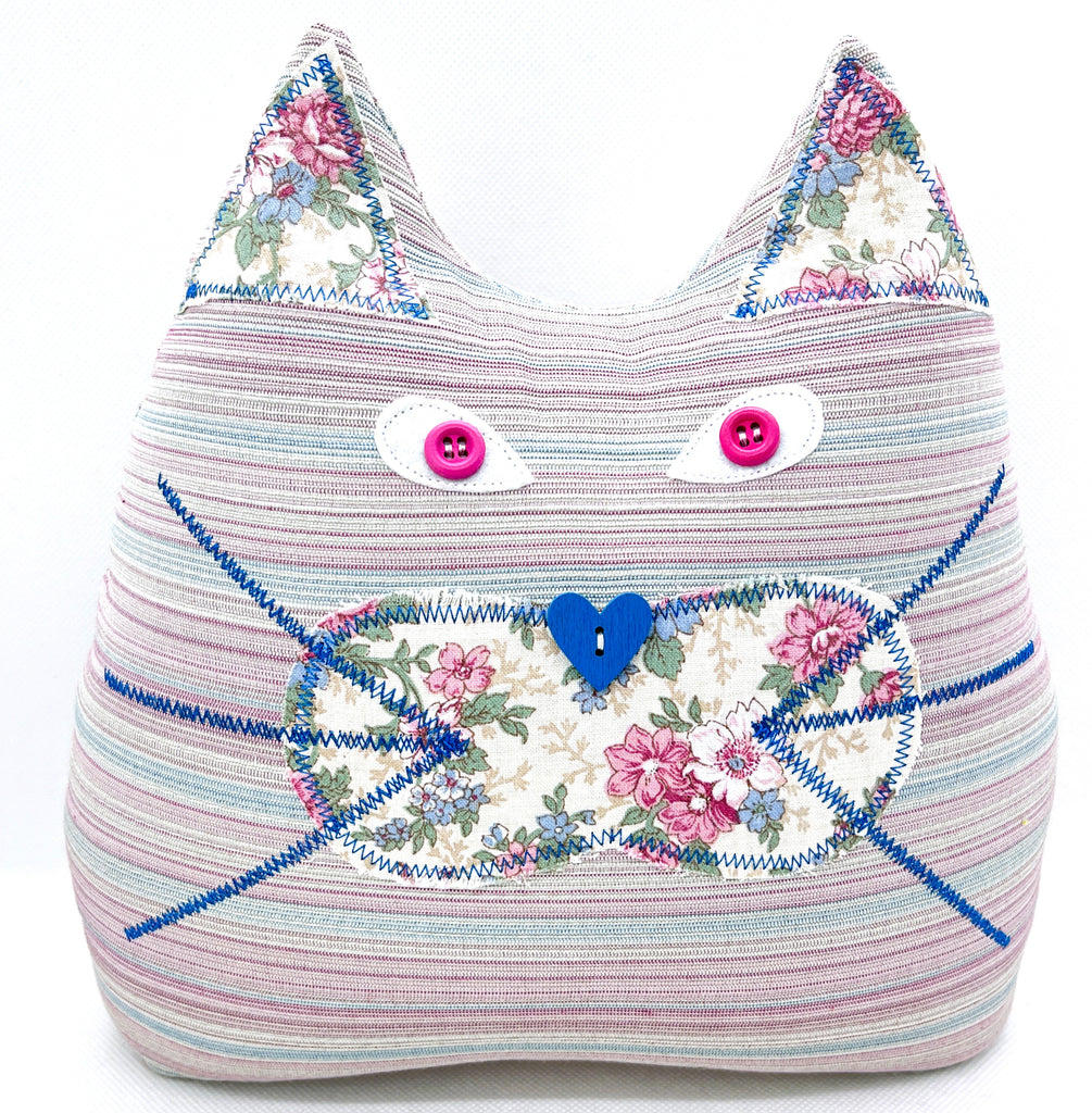 Cat Doorstop - Vintage mauve and blue floral