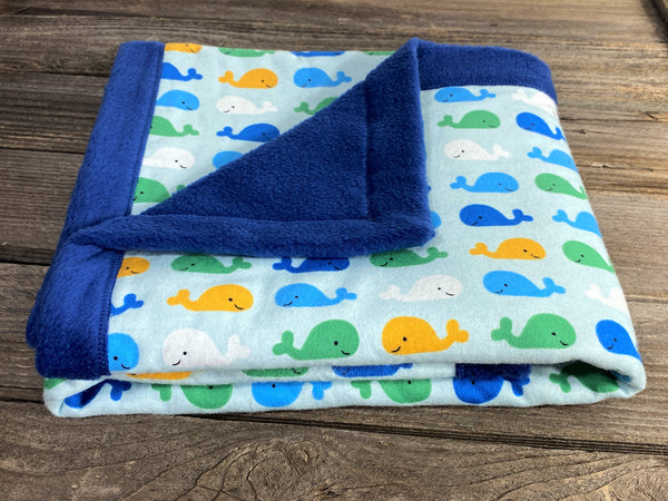 All purpose baby mat with blue green and yellow whales and navy blue backing